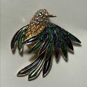 Lindenwold 14kGE Blue and Green Enameled Hummingbird Crystal Brooch